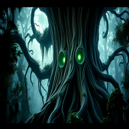 Fantasy dark forest with creepy tree and lights. 3D renderingの写真素材