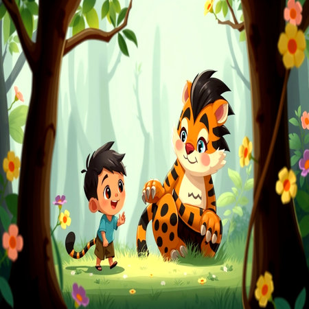 Illustration of a boy and a tiger in the jungle with flowersの写真素材