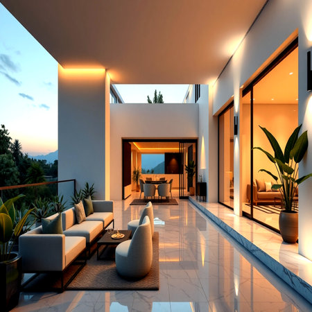 Luxury house interior with terrace and sea view. 3d renderingの写真素材