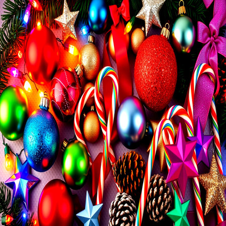 Christmas background with colorful baubles, candies and fir branches.の写真素材