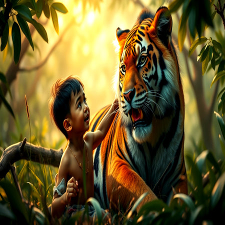Little boy and tiger in the jungle at sunset. Animal portrait.の写真素材
