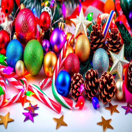 Christmas and New Year holidays background with fir branches, Christmas balls, candy canes and decorationsの写真素材