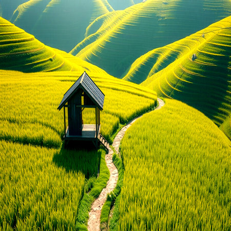 Green Terraced Rice Field in Mu Cang Chai, Yen Bai, Vietnamの写真素材