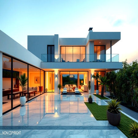 Luxury house interior with terrace and sea view.の写真素材