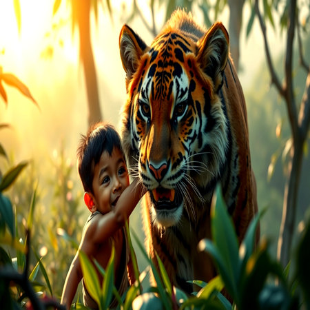 Asian boy and tiger in the jungle at sunset time.の写真素材