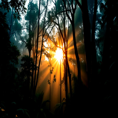 Sun rays shining through the trees in the forest at sunrise. Nature backgroundの写真素材