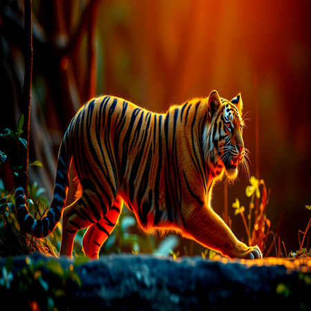 Beautiful tiger in the jungle at sunset. Wildlife scene from nature.の写真素材