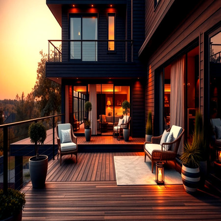 3d rendering of modern cozy chalet with pool and parking for sale or rent. Sunset in the background.の写真素材