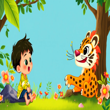 Cartoon boy playing with leopard in the jungle illustration for childrenの写真素材