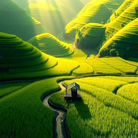 Terraced rice field at sunset in Mu Cang Chai, YenBai, Vietnamの写真素材