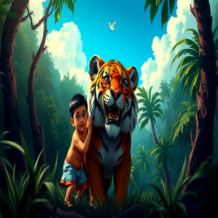 Cartoon image of a tiger and a boy in the jungle.の写真素材