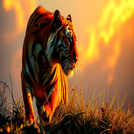 Tiger in the wild at sunset time. Wildlife scene from nature.の写真素材