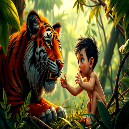 Little boy play with tiger in the jungle,3d rendering.の写真素材