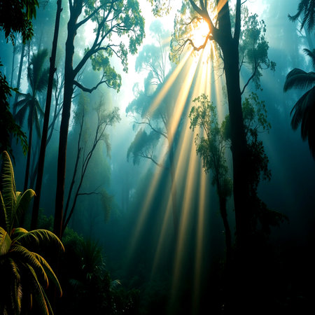 Beautiful tropical rainforest with sun rays shining through the trees.の写真素材