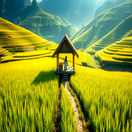 Rice fields on terraced of Mu Cang Chai, YenBai, Vietnamの写真素材