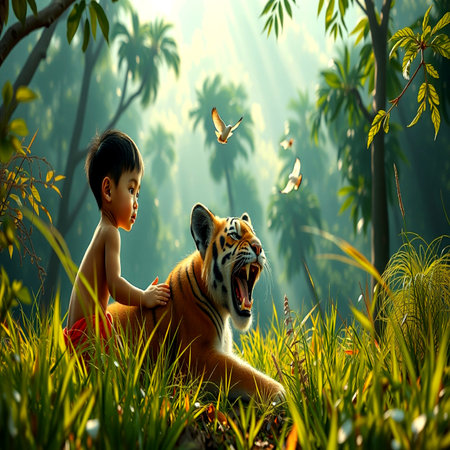Asian boy playing with a tiger in the jungle,3d renderingの写真素材