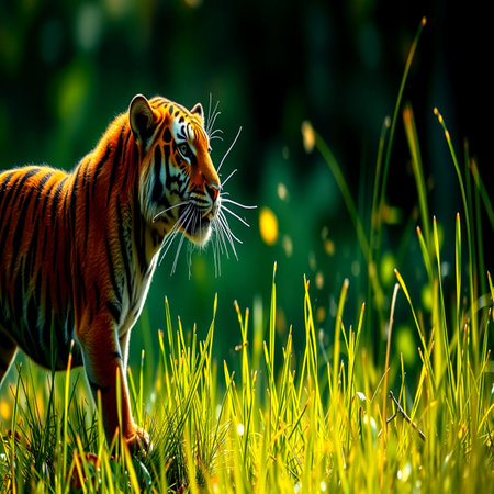 Tiger walking in the grass in the jungle. Beautiful wild animal.の写真素材