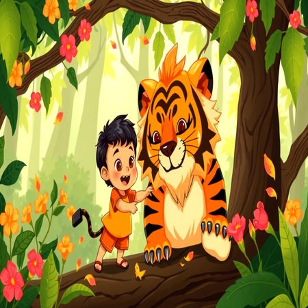 Cute tiger and boy in the jungle. Vector cartoon illustration.の写真素材