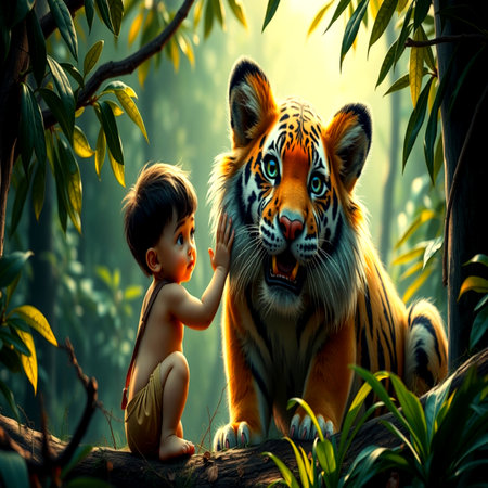 Little boy and tiger in the jungle. Animal in the forest.の写真素材