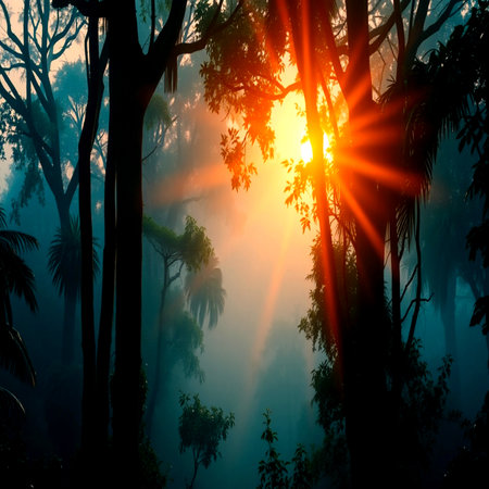 Sunrise in the misty forest with sunbeams and lens flareの写真素材