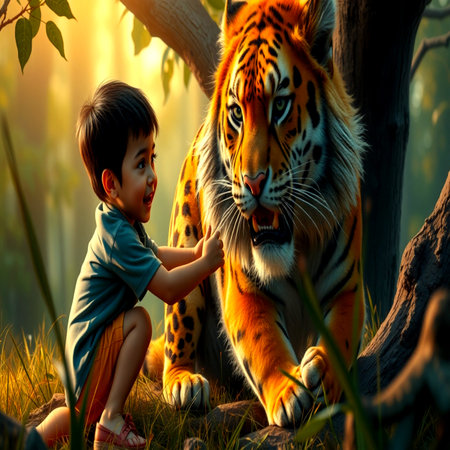 Little boy and tiger in the jungle at sunset. Animal concept.の写真素材