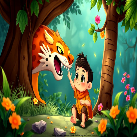 Cute boy playing with tiger in the jungle - illustration for childrenの写真素材