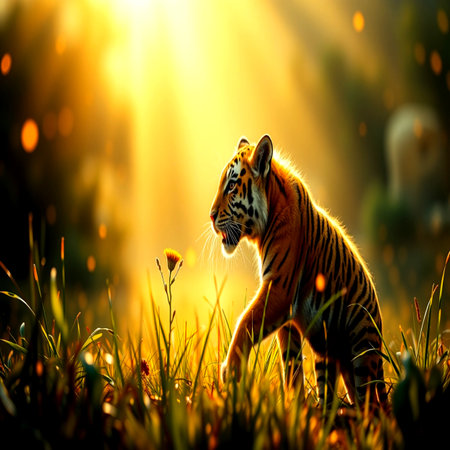 Tiger in the meadow at sunset. Wildlife scene from nature.の写真素材