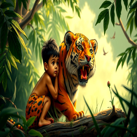 Little boy and tiger in the jungle. 3d rendering illustration.の写真素材