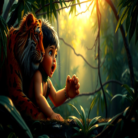 Little girl playing with tiger in the jungle,3d rendering.の写真素材