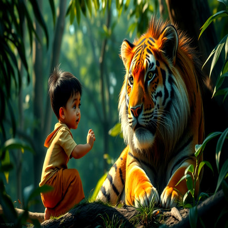 Little boy with tiger in the jungle. Animal in natural habitat.の写真素材