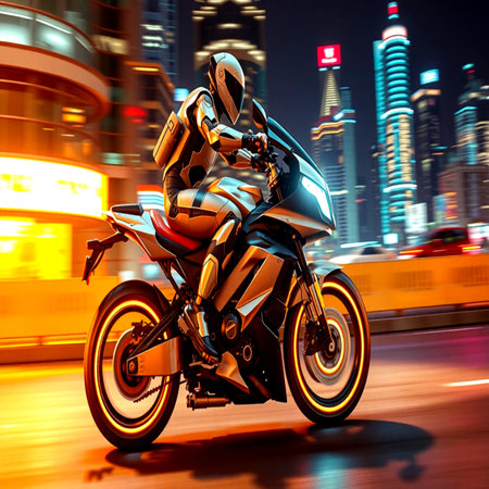 Cyborg riding a motorcycle on the road at night. 3d renderingの写真素材