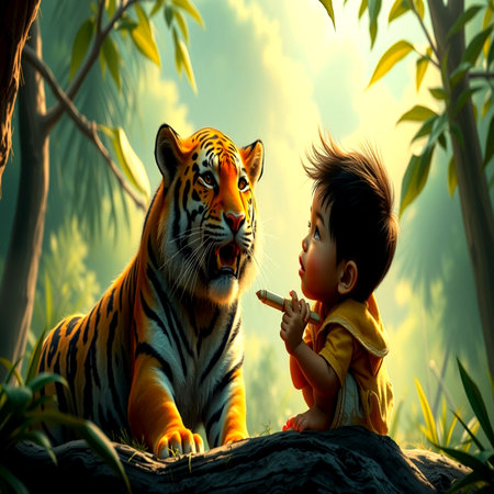 Little boy playing with tiger in the jungle at sunset time. Concept of wild animals.の写真素材