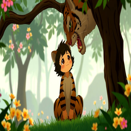 Vector illustration of Little tiger and tiger in the jungle with flowers.の写真素材