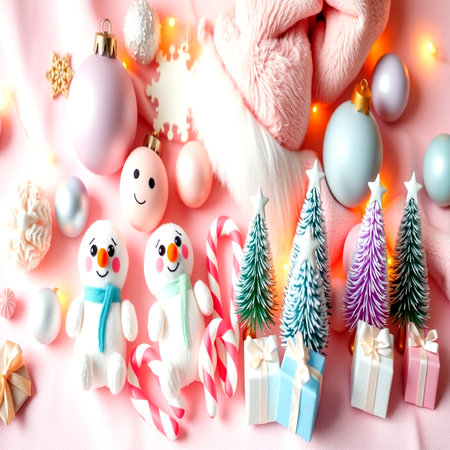 Christmas and New Year background. Christmas tree, snowman, snowflakes on pink background. Flat lay, top viewの写真素材