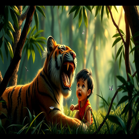 Cute little girl and tiger in the jungle,3d renderingの写真素材
