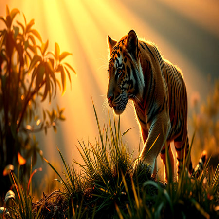 Tiger in the wild at sunset. Wildlife scene from nature.の写真素材