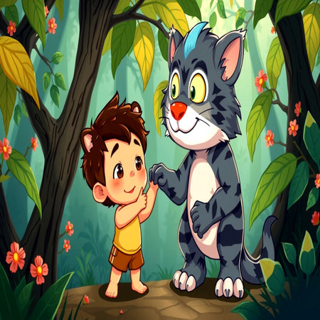 Cartoon little boy and cat in the jungle. Vector illustration.の写真素材