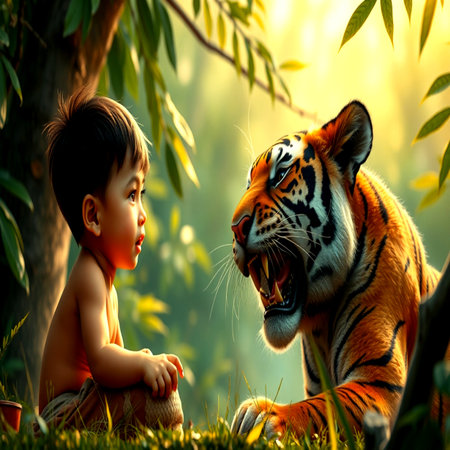 Little boy and tiger in the jungle.の写真素材