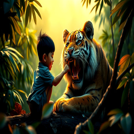 Little boy play with tiger in the jungle,3d rendering.の写真素材