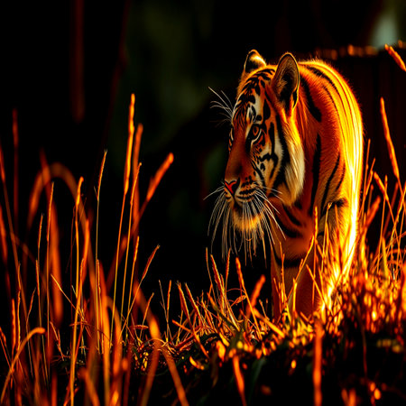 Tiger in the wild at night. (Panthera tigris altaica)の写真素材