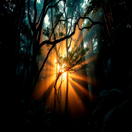 Tropical forest with sunlight shining through the branches of trees.の写真素材