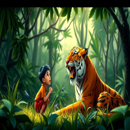 Little boy and tiger in the jungle. 3d illustration. Fairy tale.の写真素材