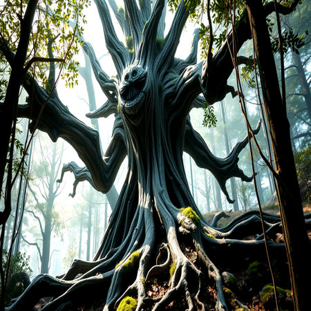 Huge old tree in the forest on the background of the sunの写真素材