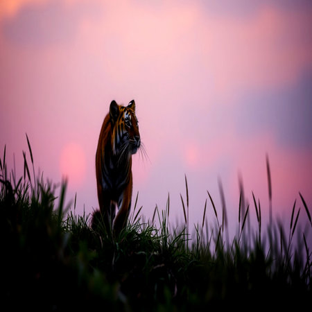 Tiger in the grass at sunset, Wildlife scene from natureの写真素材