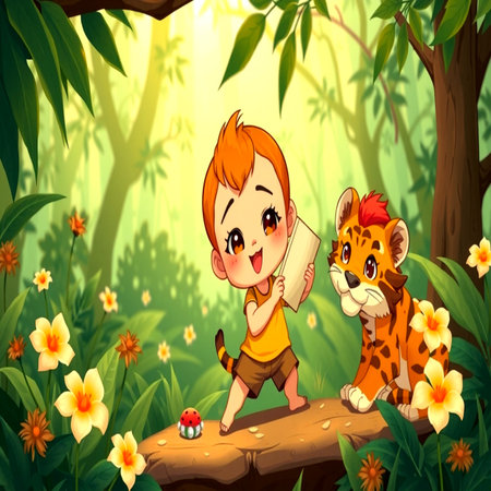 Cartoon boy and tiger in the jungle with flowers. vector illustrationの写真素材