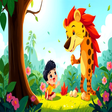 Vector illustration of Cute little boy and lion in the jungleの写真素材