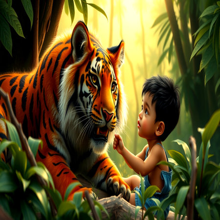 Little boy and tiger in the jungle. 3D illustration. Digital painting.の写真素材