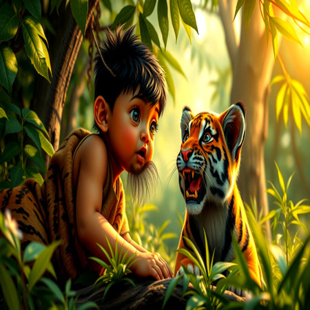 Little boy playing with tiger in the jungle,3d rendering.の写真素材