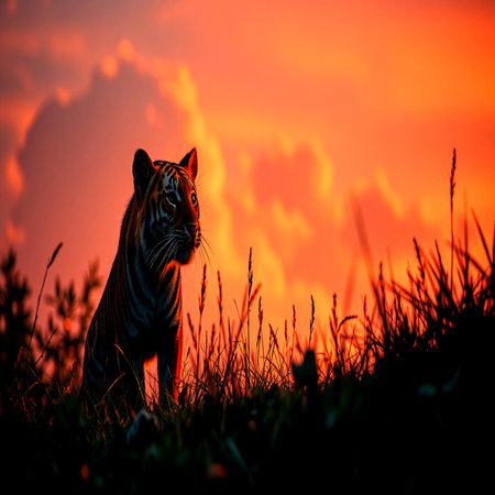 Beautiful tiger in the wild at sunset. Wildlife scene from nature.の写真素材
