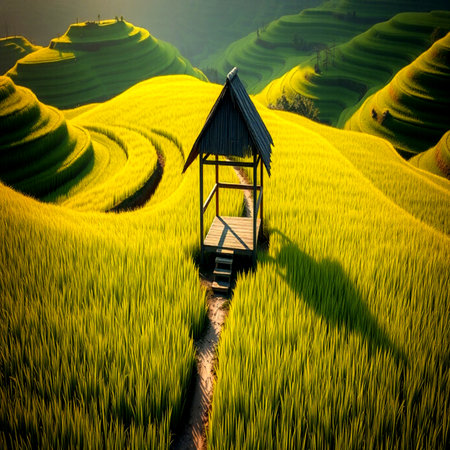 Rice terraces at sunset in Mu Cang Chai, YenBai, Vietnamの写真素材